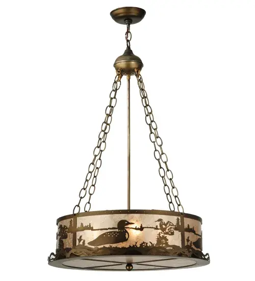 This wildlife inspired pendant features aquatic birds floating on a mountain lake as the morning sun rises in the background. Beautiful ambient light shines through Silver Mica lens and bottom diffuser, complemented with a frame and hardware hand finished in Antique Copper.Handmade by Meyda Craftsmen in the Yorkville, NY manufacturing facility located at the foothills of the Adirondack Mountains. Custom colors, styles and sizes available. Energy efficient lamping options. Collection: Loon Finish: Antique Copper Glass: Silver Mica Notes: Custom Crafted In Yorkville, New York Please Allow 30 Days Width: 22.00" Height: 36.00" Length: 22.00" Weight: 12.00 lb Extension from Wall: 3.50" Number of Bulbs: 4 Maximum Wattage: 60.00 W Bulb Type: A19 Bulb Base: E26 Light Source: LED Color Temperature: 4000 K Material: Steel Country of Origin: USA Safety Listing: Damp Safety Rating: Damp LED - alternate view