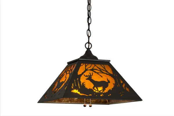 Rustic charm is captured beautifully with this striking pendant design of a Buck scampering through the woodlands as trees stretch towards the sky. Brilliant ambient light shines through a stunning Amber Mica diffuser, which is enhanced with decorative accents, frame and matching hardware featured in a Timeless Bronze finish. This wildlife inspired pendant makes the ideal centerpiece for nearly any room. Handcrafted in the Meyda manufacturing facility at the foothills of the Adirondack Mountains, this fixture is available in custom colors, sizes and finishes. Dimmable energy efficient lamping options such as LED are available. UL and cUL listed for damp and dry locations. Collection: Deer At Dawn Finish: Timeless Bronze Glass: Amber Mica Width: 22.00" Height: 15.00" Length: 15.50" Weight: 8.50 lb Number of Bulbs: 2 Maximum Wattage: 60.00 W Bulb Type: A19 Bulb Base: E26 Material: Steel Country of Origin: USA Safety Listing: Damp Safety Rating: Damp