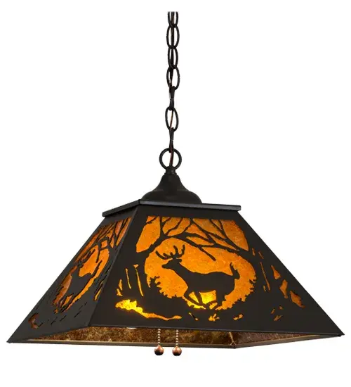 Rustic charm is captured beautifully with this striking pendant design of a Buck scampering through the woodlands as trees stretch towards the sky. Brilliant ambient light shines through a stunning Amber Mica diffuser, which is enhanced with decorative accents, frame and matching hardware featured in a Timeless Bronze finish. This wildlife inspired pendant makes the ideal centerpiece for nearly any room. Handcrafted in the Meyda manufacturing facility at the foothills of the Adirondack Mountains, this fixture is available in custom colors, sizes and finishes. Dimmable energy efficient lamping options such as LED are available. UL and cUL listed for damp and dry locations. Collection: Deer At Dawn Finish: Timeless Bronze Glass: Amber Mica Width: 22.00" Height: 15.00" Length: 15.50" Weight: 8.50 lb Number of Bulbs: 2 Maximum Wattage: 60.00 W Bulb Type: A19 Bulb Base: E26 Material: Steel Country of Origin: USA Safety Listing: Damp Safety Rating: Damp - alternate view