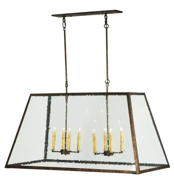 A sophisticated, architecturally styled fixture is designed with a unique, fresh, and stylish pizazz. Give your decor an extra edge with this breathtaking fixture highlighted with a solid structure. The Clear Seeded Glass lens reveals eight Ivory faux candlelights that project beautiful ambient illumination. The solidly constructed hardware is featured in an Antique Rust finish. The fixture is ideal for lighting islands, counters, bars, and tables in homes, retailers and restaurants from Danbury, Connecticut, to Fishers, Indiana, to Sugarland, Texas. The overall height ranges from 50 to 120 inches, as the chain can be easily adjusted to meet your exact lighting requirements. The Ovation Oblong Pendant is included in our American-made, American-designed, handcrafted Modern Farmhouse Lighting Collection and manufactured in Yorkville, NY. UL & cUL listed for dry and damp locations. Collection: Ovation Finish: Antique Rust Glass: Clear Seeded Glass Width: 24.00" Height: 50.00" Length: 48.00" Weight: 52.00 lb Extension from Wall: 24.00" Number of Bulbs: 8 Maximum Wattage: 60.00 W Bulb Type: BA9 Bulb Base: E12 Material: Steel Country of Origin: USA Safety Listing: Damp Safety Rating: Damp