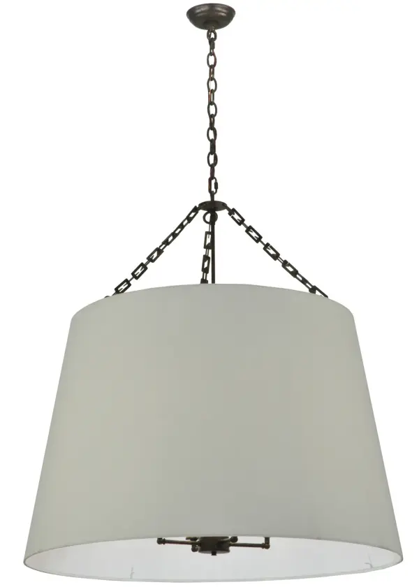 Designed with a clean look and stunning tapered profile that fits into a variety of interiors, this ceiling pendant defines a sophisticated aesthetic. The White Textrene shade is complemented with hardware in a hand applied Golden Bronze finish. The overall height of this pendant ranges from 41.5 to 100 inches as the chain length can be easily adjusted in the field to accommodate your specific lighting application needs. Handcrafted by highly skilled artisans in our 180,000 square foot manufacturing facility in the USA. Custom options available. UL and cUL listed for dry and damp locations however we do not recommend installing it in spaces that experience a large amount of moisture due to the fabric shade. Collection: Cilindro Finish: Timeless Bronze Glass: White Textrene Width: 36.00" Height: 41.50" Length: 36.00" Weight: 10.00 lb Number of Bulbs: 4 Maximum Wattage: 60.00 W Bulb Type: A19 Bulb Base: E26 Material: Steel Country of Origin: USA Safety Listing: Damp Safety Rating: Damp