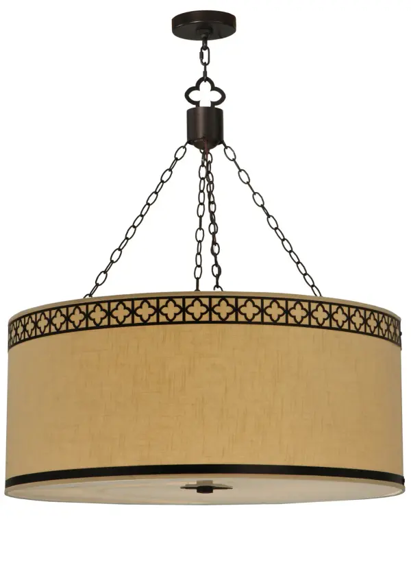 Designed with a stunning, round profile that fits into fine homes, hotels and other commercial and hospitality locations, this pendant defines a distinctive sophisticated aesthetic. The Beige Textrene shade is complemented with Quatrefoil accents featured in a Mahogany Bronze finish. The pendant is enhanced with a Statuario Idalight bottom diffuser. The overall height ranges from 44 to 115 inches as the chain length can be easily adjusted in the field to accommodate your specific lighting application needs. Handcrafted by master artisans in our 180,000 square foot manufacturing facility in Yorkville, New York. Shade colors, metal finishes and sizes can be customized to meet your needs. UL and cUL listed for dry and damp locations however we do not recommend installing it in spaces that experience a large amount of moisture due to the fabric shade. Collection: Cilindro Finish: Mahogany Bronze Glass: Beige Textrene & Statuario Idalight Width: 36.00" Height: 44.00" Length: 36.00" Weight: 29.00 lb Extension from Wall: 9.00" Number of Bulbs: 8 Maximum Wattage: 60.00 W Bulb Type: A19 Bulb Base: E26 Material: Steel Country of Origin: USA Safety Listing: Damp Safety Rating: Damp