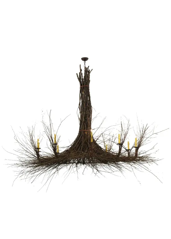 Bring Mother Nature into your home with Natural Hickory and Birchwood Twigs and Branches intertwined to create this massive chandelier at 100 inches wide and 79 inches tall. 10 Ivory faux candlelights appears to bud and grow from twigs and branches sustainably harvested by hand from low-hanging; tree-friendly sun growth in the Adirondack mountains. The chandelier is enhanced with a warm Terra Brown finish. The overall height ranges from 83 to 202 inches as the chain length can be easily adjusted in the field. Handcrafted in our 180;000 square foot manufacturing facility in Yorkville; New York. Candlelight colors; metal finishes and fixture sizes can be customized to your needs. UL and cUL listed for dry and damp locations.