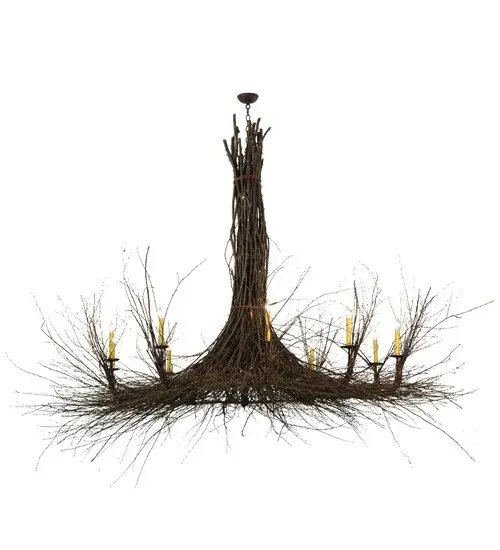 Bring Mother Nature into your home with Natural Hickory and Birchwood Twigs and Branches intertwined to create this massive chandelier at 100 inches wide and 79 inches tall. 10 Ivory faux candlelights appears to bud and grow from twigs and branches sustainably harvested by hand from low-hanging; tree-friendly sun growth in the Adirondack mountains. The chandelier is enhanced with a warm Terra Brown finish. The overall height ranges from 83 to 202 inches as the chain length can be easily adjusted in the field. Handcrafted in our 180;000 square foot manufacturing facility in Yorkville; New York. Candlelight colors; metal finishes and fixture sizes can be customized to your needs. UL and cUL listed for dry and damp locations. - alternate view