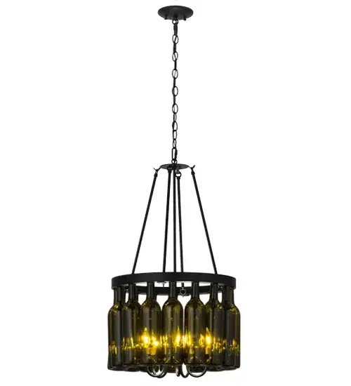 Capture the life of any party with authentic wine bottle lighting... so much fun that you may want to hang from this chandelier; but don't. The fixture does so much more than deliver light; it adds personality and pizazz to any interior. Perfect for homes; restaurants; hotels; pubs; nightclubs; wineries; and retailers. Custom crafted with 16 authentic Antique Green glass wine bottles; which are attached to sturdy hardware featured in a Black finish. The fixture is handmade by Meyda artisans in our manufacturing facilities in upstate New York. Custom colors; styles and sizes area available. Energy efficient lamping options are offered. The fixture is UL and cUL listed. - alternate view