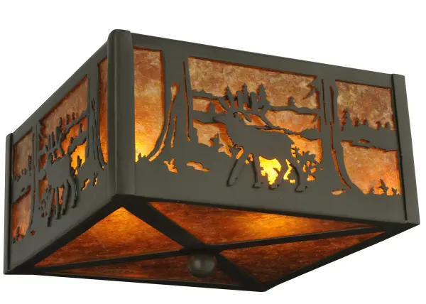 Rustic charm is captured beautifully with this majestic Elk meandering by a mountain lake while the morning sun rises in the background of this natural wildlife inspired sconce. Soft ambient light projects through a stunning Amber Mica lens; which is complemented with a frame and hardware featured in a Timeless Bronze finish. This square styled ceiling fixture is handcrafted by highly skilled artisans in our 180;000 square foot manufacturing facility in Yorkville; NY. Diffuser colors; metal finishes and fixture sizes can be customized to your needs. UL and cUL listed for dry and damp locations.