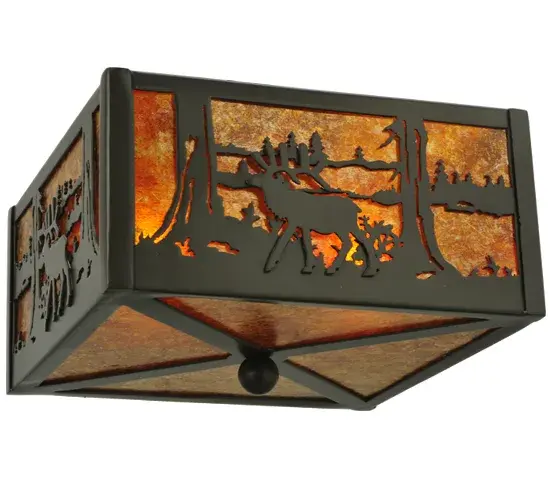 Rustic charm is captured beautifully with this majestic Elk meandering by a mountain lake while the morning sun rises in the background of this natural wildlife inspired sconce. Soft ambient light projects through a stunning Amber Mica lens; which is complemented with a frame and hardware featured in a Timeless Bronze finish. This square styled ceiling fixture is handcrafted by highly skilled artisans in our 180;000 square foot manufacturing facility in Yorkville; NY. Diffuser colors; metal finishes and fixture sizes can be customized to your needs. UL and cUL listed for dry and damp locations. - alternate view