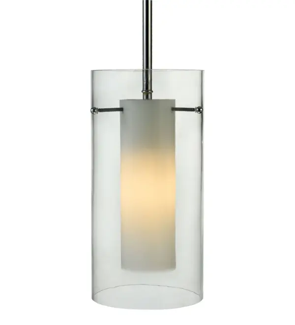 The Cilindro Mini pendant with a Clear Glass outer shade reveals a White Glass cylindrical shaped inner diffuser, rendering a clean overall appearance and ambient illumination for today?s sophisticated residential or contemporary space. The hardware features a Chrome plated finish. Handcrafted by highly skilled artisans in our manufacturing facility in Upstate New York, this transitional styled fixture is available in a wide range of custom choices including various designs, colors, sizes and dimmable energy efficient lamping options such as LED. The fixture is UL and cUL listed for damp and dry locations. Collection: Cilindro Finish: Chrome Glass: White,Seeded Glass Or Acrylic Width: 6.00" Height: 60.00" Length: 6.00" Weight: 6.25 lb Number of Bulbs: 1 Maximum Wattage: 60.00 W Bulb Type: T10 Bulb Base: E26 Material: Steel Country of Origin: USA Safety Listing: Damp Safety Rating: Damp