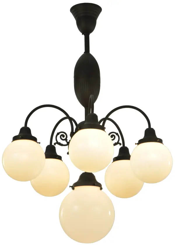 Every Meyda Tiffany item is a unique handcrafted work of art. Natural variations in the wide array of materials that we use to create each Meyda product make every item a masterpiece of its own. Photographs are a general representation of the product. Colors and designs will vary. Collection: Lafayette Finish: Craftsman Brown Glass: White Width: 23.00" Height: 35.50" Length: 23.00" Weight: 14.00 lb Number of Bulbs: 6 Maximum Wattage: 60.00 W Bulb Type: A19 Bulb Base: E26 Material: Steel Country of Origin: USA Safety Listing: Damp Safety Rating: Damp