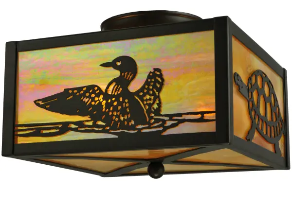 A stunning images of aquatic birds splashing in a lake and turtles are captured in this wildlife inspired Beige Iridescent art glass ceiling fixture which diffuses beautiful ambient light and is complemented with a frame and hardware hand finished in Timeless Bronze.Handmade by Meyda Craftsmen in the Yorkville; NY manufacturing facility in the foothills of the Adirondack Mountains. Custom colors; styles and sizes available. Energy efficient lamping options.