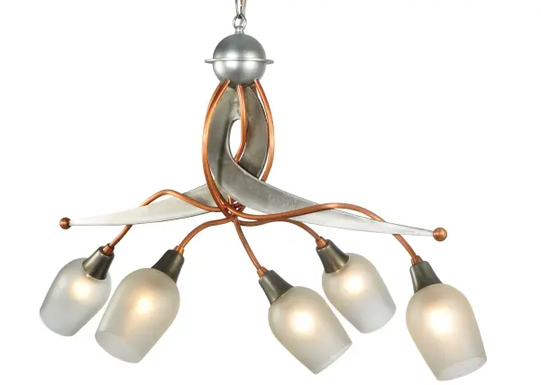 A contemporary style chandelier; Ballerina sautes in the air with distinctive grace and elegance; appearing to balance on your ceiling stage with a design ranging from modern to classic. The winding ballpoint-tipped frame is featured in a Clear Coated Steel finish and entwined with bending Copper finished limbs that embrace five Clear Frosted Mouthblown Glass shades with a Satin finish. The overall height ranges from 22 to 56 inches as the chain easily adjusts in the field to meet your exact specifications. Place this pendant to illuminate dining tables and other residential and commercial areas in Manhattan; New York; Washington D.C.; and Los Angeles; California. The Ballerina 5 Light Chandelier is included in our American-designed; handcrafted Art Deco Lighting Collection. UL and cUL listed for dry and damp locations.