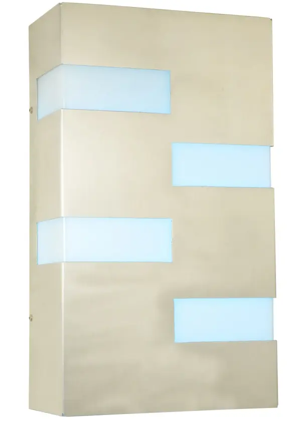 Every Meyda Tiffany item is a unique handcrafted work of art. Natural variations in the wide array of materials that we use to create each Meyda product make every item a masterpiece of its own. Photographs are a general representation of the product. Colors and designs will vary. Collection: Aztech Finish: Brushed Stainless Glass: Statuario Idalight Width: 8.00" Height: 17.00" Length: 4.00" Weight: 2.50 lb Extension from Wall: 4.00" Number of Bulbs: 1 Maximum Wattage: 24.00 W Bulb Type: STRIP Bulb Base: INTEGRAL Light Source: LED Color Temperature: 3000 K Material: Steel Country of Origin: USA Safety Listing: Dry Safety Rating: Dry Energy Efficient LED