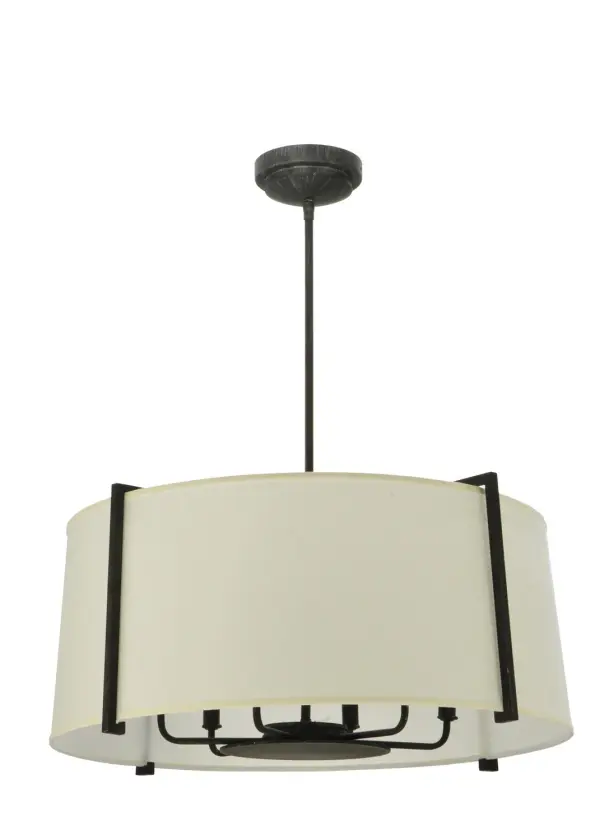 Evoking an elegant contemporary look, this Lucy pendant features a curved Cream Textrene shade embraced by architecturally designed hardware and decorative accents featured in a handsome Antique Iron finish. This fixture is handcrafted in the USA and available in custom sizes, colors and styles. Dimmable energy efficient lamping options such as LED are available. The fixture is UL and cUL listed for damp and dry locations. Collection: Cilindro Finish: Antique Iron Gate Glass: Cream Textrene Width: 27.00" Height: 36.00" Length: 27.00" Weight: 15.00 lb Extension from Wall: 6.50" Number of Bulbs: 6 Maximum Wattage: 60.00 W Bulb Type: BA9 Bulb Base: E12 Material: Steel Country of Origin: USA Safety Listing: Damp Safety Rating: Damp