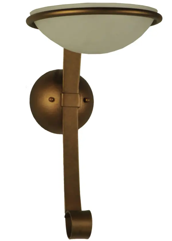 The exquisite Calice Wall Sconce features a Contrail Mist Idalight diffuser which is embraced by a ring with a curved arm and scroll accent attached to the round backplate. The hardware and frame are featured in Copper with Bronze finish. Handcrafted in the USA, this fixture is available in custom designs, colors and sizes, as well as dimmable energy efficient lamping. The wall fixture, which is nearly 10 inches wide, is UL and cUL listed for dry and damp locations. Collection: Calice Finish: Copper With Bronze Glass: Contrail Mist Idalight Width: 9.75" Height: 16.75" Length: 13.25" Weight: 9.00 lb Extension from Wall: 13.25" Number of Bulbs: 1 Maximum Wattage: 60.00 W Bulb Type: A19 Bulb Base: E26 Material: Steel Country of Origin: USA Safety Listing: Damp Safety Rating: Damp