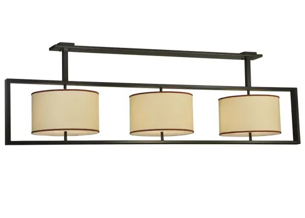 Rendering a stunning architectural look, this structural linear design features three rotund Natural Textrene shades with Statuario Idalight top and bottom diffusers. The oblong fixture, which is ideal for illuminating conference tables, islands and counters, is complemented with a Timeless Bronze finished frame and hardware. Custom crafted in Yorkville, New York at our manufacturing facility, the pendant is offered in custom sizes, styles, colors and dimmable energy efficient lamping options. This fixture is UL and cUL listed for damp and dry locations. Collection: Farm Table Finish: Timeless Bronze Glass: Chocolate,Beige Width: 20.00" Height: 30.00" Length: 100.00" Weight: 105.00 lb Extension from Wall: 7.50" Number of Bulbs: 6 Maximum Wattage: 100.00 W Bulb Type: A19 Bulb Base: E26 Material: Steel Country of Origin: USA Safety Listing: Damp Safety Rating: Damp