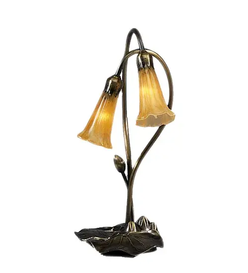 One of the most popular Louis Comfort Tiffany styled lamps on the market today, recreating his famous Favrile design from the early 1900's. This mottled rich Amber shaded Two Light Accent Lamp offers an attractive, delicate design featuring shades mouth blown of fine art glass. Lily shades are suspended from stems delicately winding above Lily pads bases finished by hand in Mahogany Bronze. Collection: Amber Finish: Mahogany Bronze Glass: Amber Width: 9.00" Height: 16.00" Length: 9.00" Weight: 2.50 lb Extension from Wall: 10.25" Number of Bulbs: 2 Maximum Wattage: 15.00 W Bulb Type: B10 Bulb Base: E12 Material: Zinc Country of Origin: CHINA Safety Listing: Dry Safety Rating: Dry