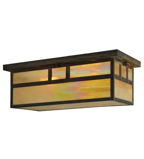 Custom made from Solid Brass; a stunning Craftsman design statement is emphatically presented with a striking Mission straight line design. Highlighted with Beige Iridescent Glass and a frame and hardware finished in Vintage Copper. Ideal for indoor and outdoor lighting applications above islands; tables; counters and bars. The Hyde Park Double Bar Mission Oblong Flushmount is included in our American made; American designed handcrafted Craftsman Signature Lighting Collection. Manufactured in Yorkville; New York. UL and cUL listed for dry; damp and wet locations. - alternate view