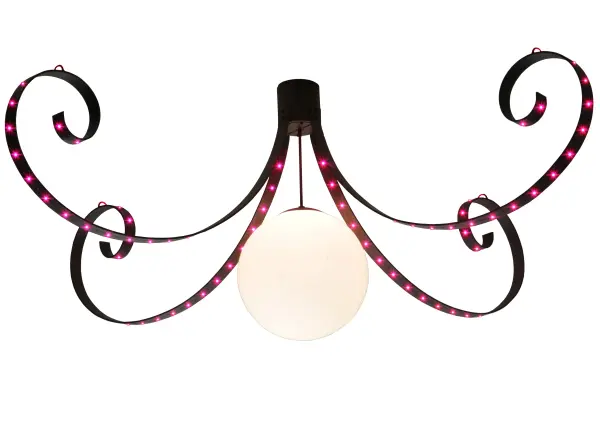 A prodigious design with a colorful flair. A Statuario Idalight orb is the center of attention as four scrolled arms embody Integral LEDs with RGB for vibrant ambient illumination while a Medium based lamp brings out the beauty of the Idalight. The hardware and frame are designed with a warm Cajun Spice finish. The fixture is custom crafted in the USA. Custom colors; styles; sizes and dimmable energy efficient lamping options such as LED are available. The 96-inch wide pendant is UL and cUL listed for damp and dry locations.