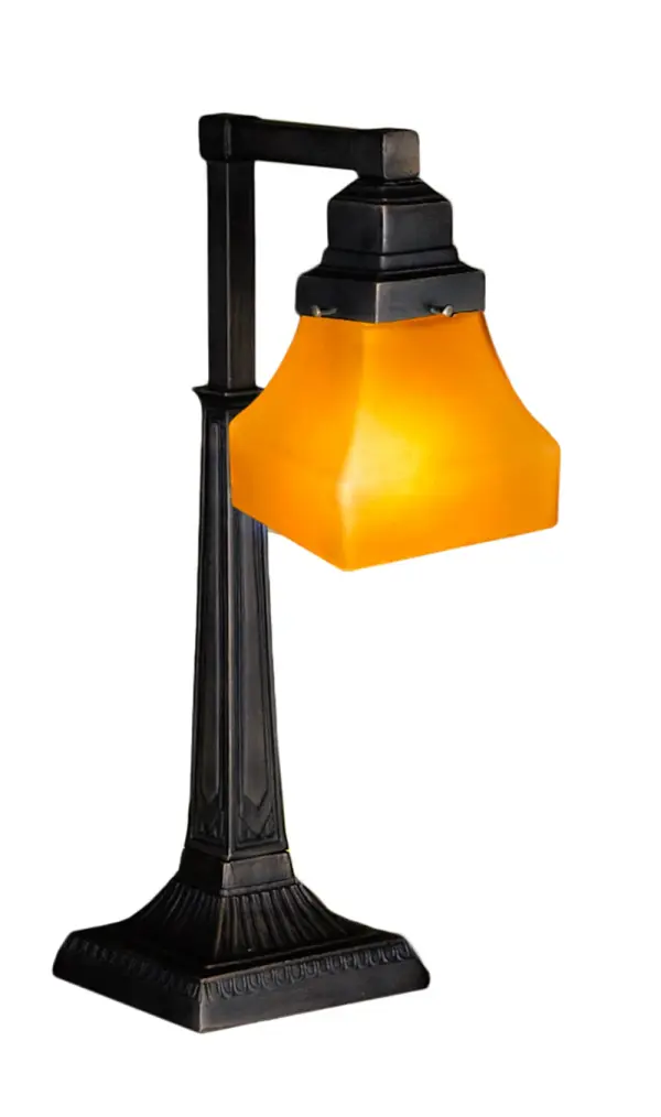 The Country Bungalow family embodies the ideal of the American home. The casual cozy look of a Mahogany Bronze finish and Amber Glass make this versatile desk lamp suitable for countless applications. UL and cUL listed for dry locations.