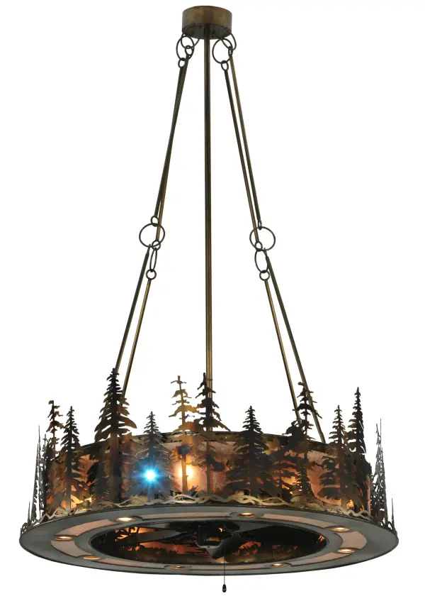 Innovation never looked so good with this unique custom lighting fixture that integrates ceiling fan technology. The stunning nature-inspired Tall Pines design is featured in our award winning Chandel-Air collection. Enjoy beautiful light diffused through Silver Mica, while gentle breezes are produced by the fan spinning quietly in the center. A striking stand of tall pine trees, along with the frame and hardware, are finished in Burnished Antique Copper. The fixture features four uplights for ambient lighting, eight inner lights for decorative lighting, eight downlights for task lighting and one LED spotlight. Handcrafted in Yorkville, New York by Meyda artisans at the foothills of the Adirondack Mountains. In summer, the fan pushes down a windchill that circulates to keep the space cool and comfortable. In winter, the fan is reversed to pull the room air up towards the ceiling and force the warm air back down and circulate to create warmth. Collection: Tall Pines Finish: Dark Burnished Antique Copper Oiled Bronze Glass: Silver Mica Ac Motor Width: 48.00" Height: 72.00" Length: 48.00" Weight: 120.00 lb Extension from Wall: 11.00" Number of Bulbs: 12 Maximum Wattage: 50.00 W Bulb Type: MR16 Bulb Base: E26 Light Source: LED Color Temperature: 5500 K Material: Steel Country of Origin: USA Safety Listing: Damp Safety Rating: Damp LED