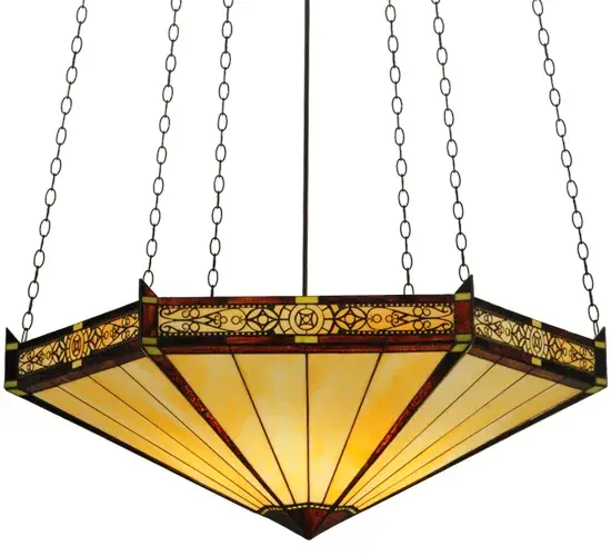 Honey stained glass strips accent Beige art glass panels of this hexagonal shaped shade, which is highlighted with decorative brass details on the shade's skirt. The small center square pieces of glass feature Sunburst and Amber accents. The shade was constructed using Meyda Tiffany's famous copperfoil construction process. The hardware is finished in Mahogany Bronze. Collection: Peaches Finish: Mahogany Bronze Glass: Amber Glass/Acrylic,Beige Width: 49.00" Height: 40.00" Length: 49.00" Weight: 46.00 lb Extension from Wall: 6.50" Number of Bulbs: 6 Maximum Wattage: 60.00 W Bulb Type: A19 Bulb Base: E26 Material: Steel Country of Origin: USA Safety Listing: Damp Safety Rating: Damp - alternate view
