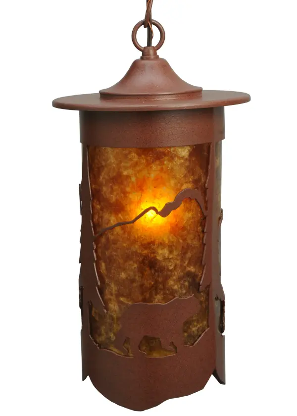 This stunning lantern features an Amber Mica diffuser enhanced with a Majestic Bear design in a Rust finish. This wall sconce will illuminate hallways and dining areas in fine homes; hotels; restaurants; and other residential and commercial spaces. The Fulton Lone Bear Pendant is included in our American-made; American-designed; handcrafted Rustic lighting collection; manufactured in Yorkville; New York. UL and cUL listed for dry and damp locations.