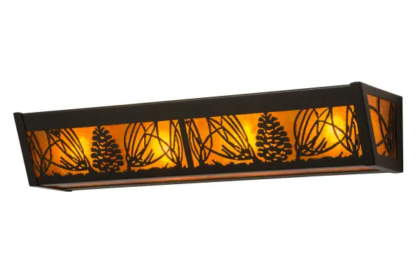Mother nature comes to light as Mountain Pinecones and Pine Needles are featured on this unique nature inspired wall fixture. The charm of the forest comes alive with soft ambient light emanating through the Amber Mica diffuser. The luminaire is enhanced with a Timeless Bronze finish. The fixture is ideal as vanity light for a fine bath or as a wall sconce in a hallway or any room where you want to make a stunning design statement. Handcrafted in our 180,000 square foot manufacturing facility in Yorkville, New York. Diffuser colors, metal finishes and fixture sizes can be customized to your needs. UL and cUL listed for dry and damp locations. Collection: Mountain Pine Finish: Timeless Bronze Glass: Amber Mica Width: 24.00" Height: 4.50" Length: 5.50" Weight: 6.00 lb Extension from Wall: 5.50" Number of Bulbs: 4 Maximum Wattage: 60.00 W Bulb Type: A19 Bulb Base: E26 Material: Steel Country of Origin: USA Safety Listing: Damp Safety Rating: Damp