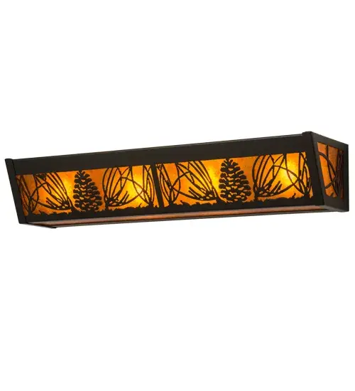 Mother nature comes to light as Mountain Pinecones and Pine Needles are featured on this unique nature inspired wall fixture. The charm of the forest comes alive with soft ambient light emanating through the Amber Mica diffuser. The luminaire is enhanced with a Timeless Bronze finish. The fixture is ideal as vanity light for a fine bath or as a wall sconce in a hallway or any room where you want to make a stunning design statement. Handcrafted in our 180,000 square foot manufacturing facility in Yorkville, New York. Diffuser colors, metal finishes and fixture sizes can be customized to your needs. UL and cUL listed for dry and damp locations. Collection: Mountain Pine Finish: Timeless Bronze Glass: Amber Mica Width: 24.00" Height: 4.50" Length: 5.50" Weight: 6.00 lb Extension from Wall: 5.50" Number of Bulbs: 4 Maximum Wattage: 60.00 W Bulb Type: A19 Bulb Base: E26 Material: Steel Country of Origin: USA Safety Listing: Damp Safety Rating: Damp - alternate view