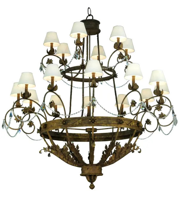 Exquisite styling and luxurious charm are reflected in this 18-light Antonia chandelier. This fixture combines faceted crystal charms; scroll arms; Acanthus leaves and rich Pompeii Gold finished Hand-Forged Iron Hardware. This magnificent 400-pound Grand Chandelier provides durability; stability and a sense of splendor to the space. The fixture features 18 faux candlelights topped with Ivory Linen Textrene shades to deliver ambient illumination. This fixture features quality materials and hand detailed American craftsmanship perfected by years of time honored artistry. Custom sizes; styles; colors and dimmable energy efficient lamping options such as LED are available. The chandelier is UL and cUL listed for damp and dry locations.