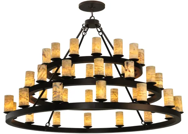 Blending an elegant style with a classic distinguished look. Loxley is custom crafted with 42 White/Light Green Jadestone Cylindres on a three tiered chandelier. This grandiose fixture is featured in a Mahogany Bronze finish. The chandelier is ideal for illuminating lobbies; conference rooms; entryways and other large residential and commercial spaces. The overall height ranges from 48 to 146 inches as the chain length can be easily adjusted in the field to accommodate your specific lighting needs. Handcrafted by highly skilled artisans in our 180;000 square foot manufacturing facility in Yorkville; New York. Diffuser colors; metal finishes and fixture sizes can be customized to your needs. UL and cUL listed for dry and damp locations.