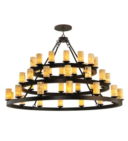 Blending an elegant style with a classic distinguished look. Loxley is custom crafted with 42 White/Light Green Jadestone Cylindres on a three tiered chandelier. This grandiose fixture is featured in a Mahogany Bronze finish. The chandelier is ideal for illuminating lobbies; conference rooms; entryways and other large residential and commercial spaces. The overall height ranges from 48 to 146 inches as the chain length can be easily adjusted in the field to accommodate your specific lighting needs. Handcrafted by highly skilled artisans in our 180;000 square foot manufacturing facility in Yorkville; New York. Diffuser colors; metal finishes and fixture sizes can be customized to your needs. UL and cUL listed for dry and damp locations. - alternate view