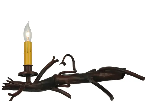 Naturally inspired charm is defined with woodland branch styled base for a single faux Amber candlelight perched on a bobeche above. The pendant features barkerized hardware and branch like accents featured in a Rustic finish. The fixture is custom crafted in Upstate New York; at the foothills of the spectacular Adirondack Mountains. Custom sizes; styles; colors and dimmable energy efficient lamping options are available. The lamp is UL and cUL listed for damp and dry locations.