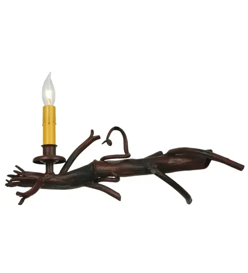 Naturally inspired charm is defined with woodland branch styled base for a single faux Amber candlelight perched on a bobeche above. The pendant features barkerized hardware and branch like accents featured in a Rustic finish. The fixture is custom crafted in Upstate New York; at the foothills of the spectacular Adirondack Mountains. Custom sizes; styles; colors and dimmable energy efficient lamping options are available. The lamp is UL and cUL listed for damp and dry locations. - alternate view