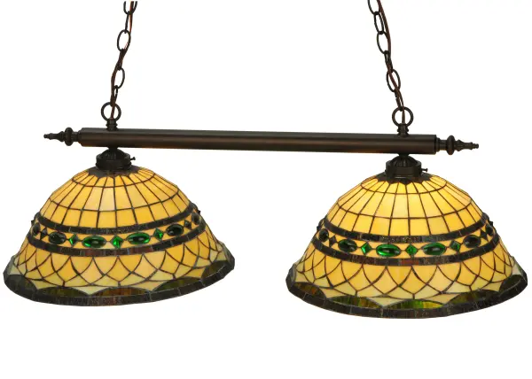 Emerald-colored jewels and Multi colored granite glass bands accent this stunning Bone Beige art glass reproduction of a famous Louis Comfort Tiffany design. The Tiffany Roman shade is inspired by Italian art and architecture and handcrafted of authentic stained glass using the famous Meyda Tiffany copperfoil construction method. The pendant features hardware in a hand applied Mahogany Bronze. Ideal for illuminating kitchen islands; billiard and dining tables; counters and bars. UL and cUL listed for dry and damp locations.