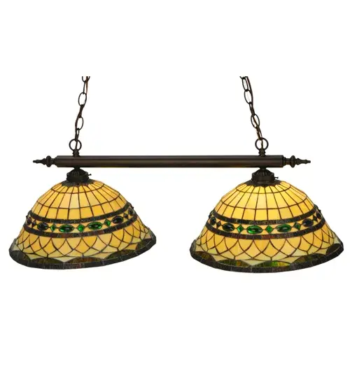 Emerald-colored jewels and Multi colored granite glass bands accent this stunning Bone Beige art glass reproduction of a famous Louis Comfort Tiffany design. The Tiffany Roman shade is inspired by Italian art and architecture and handcrafted of authentic stained glass using the famous Meyda Tiffany copperfoil construction method. The pendant features hardware in a hand applied Mahogany Bronze. Ideal for illuminating kitchen islands; billiard and dining tables; counters and bars. UL and cUL listed for dry and damp locations. - alternate view