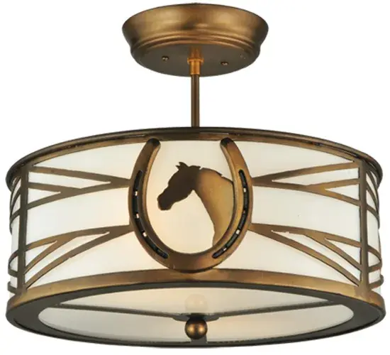 A horse portrait framed with a lucky horseshoe encircles this handsome ceiling fixture. Beautiful ambient light projects through stunning Statuario Idalight with a matching bottom diffuser. The shade is accented with a geometric design styled after fencing commonly found at horse stables. Decorative hardware; frame and accents are enhanced in an Antique Copper finish. Perfect for game rooms; man caves and equestrian centers; as well as other residential and commercial spaces. Handcrafted by highly skilled artisans in the USA. Custom sizes; styles and colors are available. Energy efficient lamping options such as LED are offered. This 16.5-inch wide fixture is UL and cUL listed for damp and dry locations.