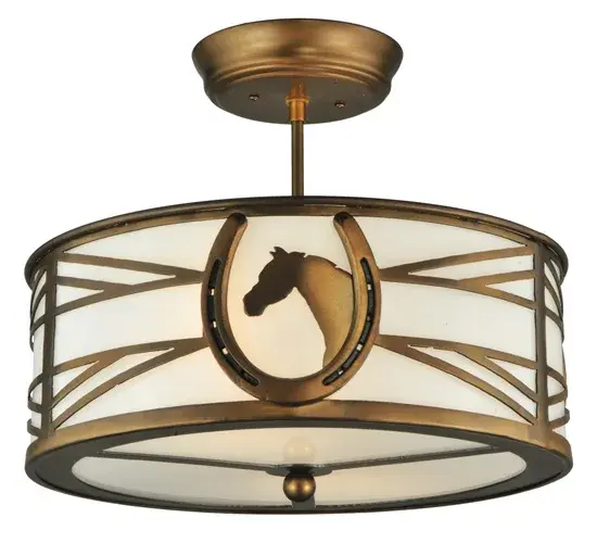 A horse portrait framed with a lucky horseshoe encircles this handsome ceiling fixture. Beautiful ambient light projects through stunning Statuario Idalight with a matching bottom diffuser. The shade is accented with a geometric design styled after fencing commonly found at horse stables. Decorative hardware; frame and accents are enhanced in an Antique Copper finish. Perfect for game rooms; man caves and equestrian centers; as well as other residential and commercial spaces. Handcrafted by highly skilled artisans in the USA. Custom sizes; styles and colors are available. Energy efficient lamping options such as LED are offered. This 16.5-inch wide fixture is UL and cUL listed for damp and dry locations. - alternate view
