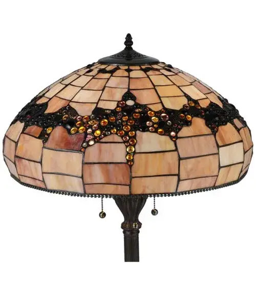 Experience the beauty of the vineyard captured in stained art glass and jewels when you own this Concord lamp created by Meyda Tiffany. This luscious design incorporates Garnet Red; Golden and Amber Yellows; Amethyst; Concord Purple; Sky Blue and Clear glass jewels; as well as Multicolored pieces of art glass and small beaded bands on a Creamy Lavender swirl background; for a unique Nouveau appeal. The resplendent shade is created using Meyda?s famous copperfoil construction process and complemented by a floor base hand finished in a handsome Mahogany Bronze. - alternate view