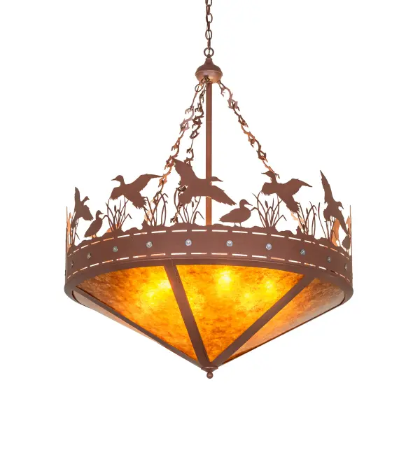 Ducks splash about the cattails and marsh grasses in this wildlife inspired original lighting fixture.Beautiful ambient lighting projected through an Amber Mica diffuser with frame and hardware featured in a Rust finish.Handcrafted in the USA by Meyda artisans in the Yorkville; NY manufacturing facility located at the foothills of the Adirondack Mountains.Wildlife and other custom designs available. Energy efficient lamping options offered.