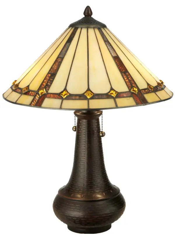 Exquisite Purple and Sunburst colored trim with Amber jewels adorn Beige Iridescent glass on this conical lamp shade. This stunning shade is constructed with Meyda Tiffany's famous copperfoil construction process. The elegant lustrous lamp base is finished in a warm Mahogany Bronze.