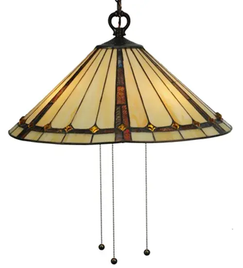 Exquisite Purple and Sunburst colored trim with Amber jewels adorn Beige Iridescent glass on this conical pendant shade. This stunning shade is constructed with Meyda Tiffany's famous copperfoil construction process. The hardware is finished in a warm Mahogany Bronze. - alternate view