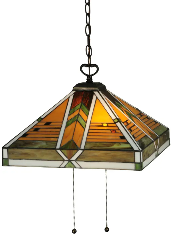 Offering a unique and handsome Mission design; Abilene uses colorful arrowheads of Honey; Woodsy Green and Bark Brown on a multi-designed motif of linear locks of Green; Bark Brown and Amber. The handcrafted stained glass shade; which features a Mission design that interprets organic objects into geometric forms; is framed in White glass with Woodsy Green glass and and was created using Meyda Tiffany's famous copperfoil construction process. The shade is complemented with Mahogany Bronze finished hardware.