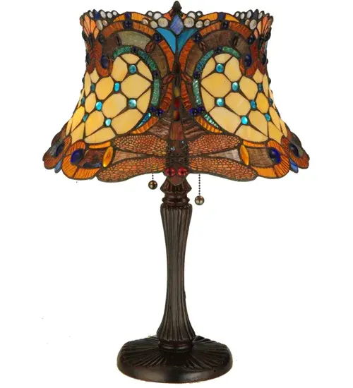 Tiffany?s beloved diving dragonfly is featured in Sunset colored art glass as the focal point of this nouveau design; in a Beige background. The art glass shade is adorned with Multicolored fan and scrollwork designs; which are accented with Blue; Amber; Clear and Sapphire glass jewels. The shade is created using Meyda Tiffany?s famous copperfoil construction process and complements the decorative lamp base; which is finished in a warm Mahogany Bronze. - alternate view