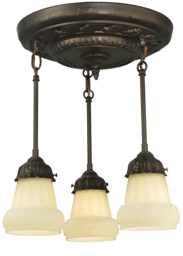 Reminiscent of antique lighting that graced the homes and apartment buildings of the early 20th century. The Puffy Rose ceiling fixture evokes a warm nostalgic feeling of enduring quality and beauty. Three White Satin art glass shades feature a subtle embossed Rose design. The semi-flushmount is enhanced with clean hardware finished in Mahogany Bronze. UL and cUL listed for dry and damp locations.