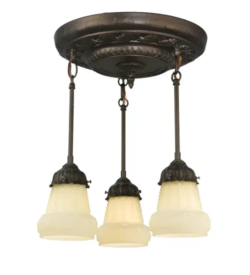 Reminiscent of antique lighting that graced the homes and apartment buildings of the early 20th century. The Puffy Rose ceiling fixture evokes a warm nostalgic feeling of enduring quality and beauty. Three White Satin art glass shades feature a subtle embossed Rose design. The semi-flushmount is enhanced with clean hardware finished in Mahogany Bronze. UL and cUL listed for dry and damp locations. - alternate view