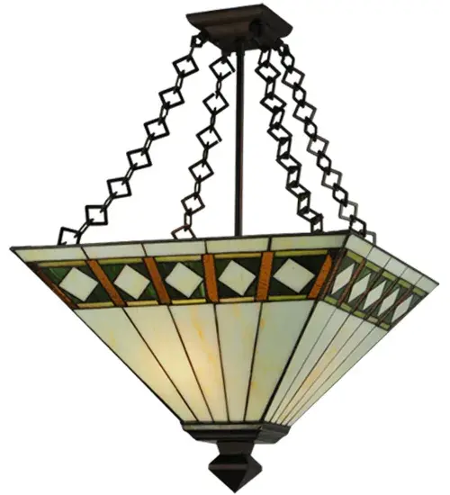 Simple clean lines and geometric shapes are the hallmark of the Mission style. This sleek Bisque Beige stained glass shade features a simple; elegant diamond pattern in Beige accented with Amber; Jade and Peridot borders. The shade is created with the famous Meyda Tiffany copperfoil construction technique and is enhanced with a Mahogany Bronze finish. The Diamond Band Mission Semi-Flushmount is included in our American designed; handcrafted Mission Lighting Collection. UL and cUL listed for dry and damp locations. Each shade is a unique work of art with color variations based on natural ingredients inherent in the glass. Contact us if color matching is critical when ordering multiple items.