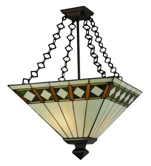 Simple clean lines and geometric shapes are the hallmark of the Mission style. This sleek Bisque Beige stained glass shade features a simple; elegant diamond pattern in Beige accented with Amber; Jade and Peridot borders. The shade is created with the famous Meyda Tiffany copperfoil construction technique and is enhanced with a Mahogany Bronze finish. The Diamond Band Mission Semi-Flushmount is included in our American designed; handcrafted Mission Lighting Collection. UL and cUL listed for dry and damp locations. Each shade is a unique work of art with color variations based on natural ingredients inherent in the glass. Contact us if color matching is critical when ordering multiple items. - alternate view