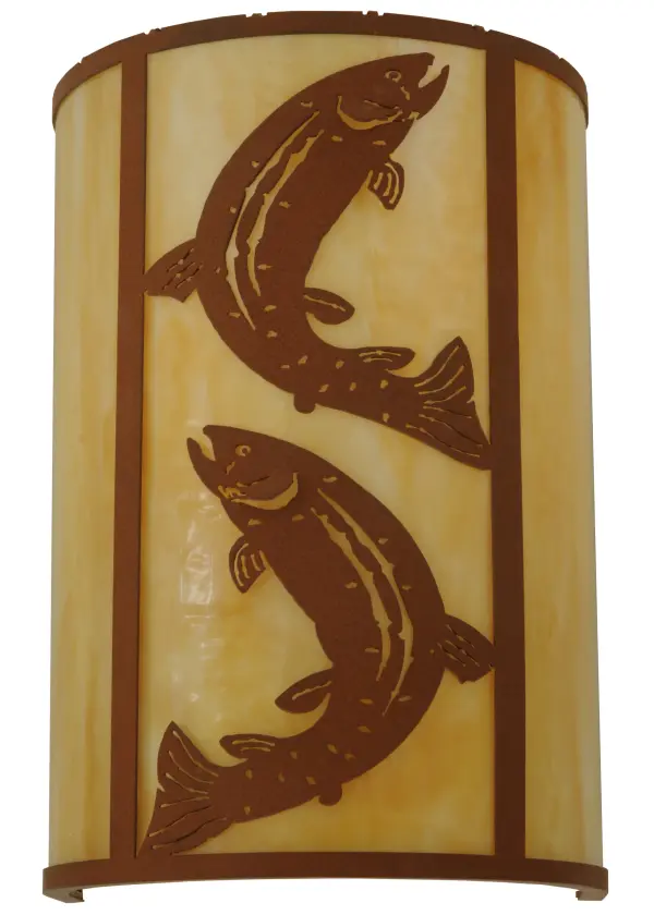 Fishing enthusiasts will cast their lines out in delight for this striking Trout; which is leaping out of the water with a sunlit backdrop. Beautiful ambient light evokes from the Beige Art Glass lens; complemented with decorative accents and hardware featured in a stunning Earth finish. The cylindrical wall sconce is ideal for illuminating corridors and other rooms in nearly any setting. The Leaping Trout Wall Sconce is included in our American-made; American-designed; handcrafted Sporting Life Collection. Manufactured in Yorkville; New York. UL and cUL listed for dry and damp locations.