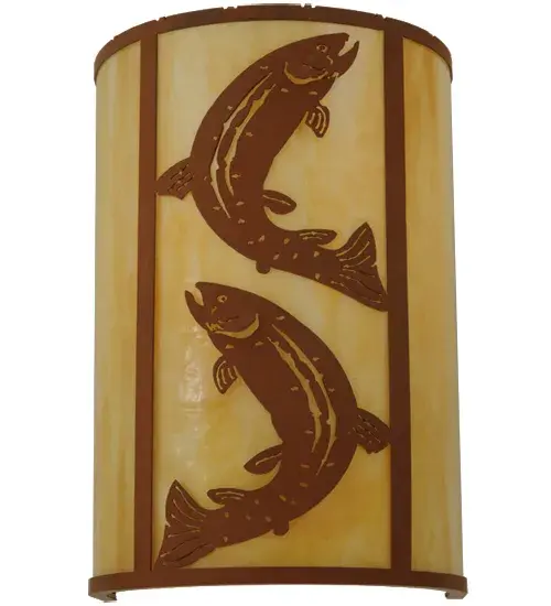 Fishing enthusiasts will cast their lines out in delight for this striking Trout; which is leaping out of the water with a sunlit backdrop. Beautiful ambient light evokes from the Beige Art Glass lens; complemented with decorative accents and hardware featured in a stunning Earth finish. The cylindrical wall sconce is ideal for illuminating corridors and other rooms in nearly any setting. The Leaping Trout Wall Sconce is included in our American-made; American-designed; handcrafted Sporting Life Collection. Manufactured in Yorkville; New York. UL and cUL listed for dry and damp locations. - alternate view
