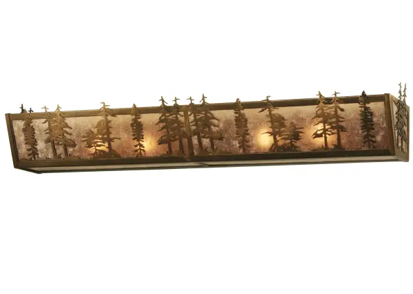 This extensive; linear vanity light features mesmerizing Pine Tree silhouettes that stand tall as the brilliant morning sun rises above the woodlands in the background. Beautiful ambient light is projected through a stunning Silver Mica lens complemented with decorative accents and hardware featured in an Antique Copper finish. Ideal as a vanity light for a fine bath or as a wall sconce in nearly any space. The Tall Pines Vanity Light is offered in our American-made; American-designed; handcrafted Nature Inspired Lighting Collection. Manufactured in Yorkville; New York. UL and cUL listed for dry and damp locations.
